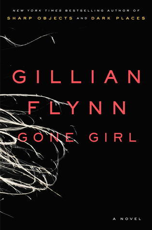 The cover of Gillian Flynn's 2012 novel Gone Girl. It is black, with red text. Flynn's name appear above the title of the book, and is larger. The font is sans serif and clean. From the left side of the image whisps of white encroach into the centre. The whisps are reminiscent of hair, or scratches on a hard surface.