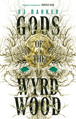 Cover image for Gods of the Wyrdwood by RJ Barker. The word 'Gods' and 'Wyrd Wood' of the book title appear in a simple, black, modern serif font. Between 'Gods' towards the top of the image and 'Wyrd Wood' which appears on two lines in the bottom third of the image the other words of the title 'of the' are written smaller over a large, circular gold shield, bisected by a gold sword. A wild tangle of roots and vines floods out from the central shield, crawling over the rest of the image. The sense is of something wild, and unconstrained, fantastical and natural. At the top of the image, written in a simple sans serif teal, is the author's name [RJ Barker.]