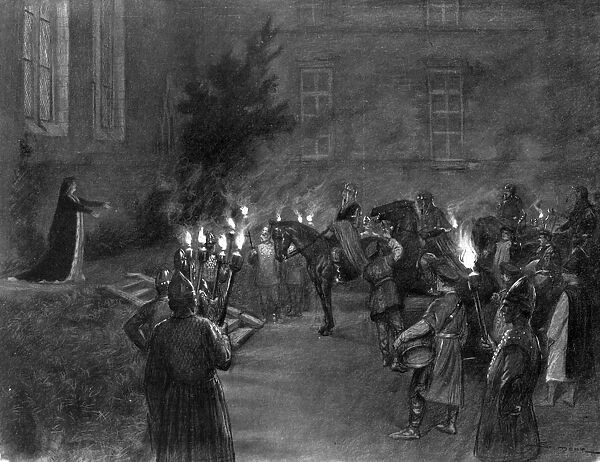 Lady Macbeth welcomes King Duncan at the gates of Macbeths castle, J. Simont, 1909. A woman in a robe stands at the top of a set of stairs. They are set into a steep hill. She reaches out towards are a crowd in welcome. In the crowd before her most people hold torches, ablaze with bright fire. They are men, some in simple clothes, some in armour with helmets. There is a single horse, on which rides the King. The image is detailed, and busy. The impression is of a crowd of many people, somewhat threatening, gathered at dusk, and of a woman gracefully welcoming them, if possibly conceding to their strength.