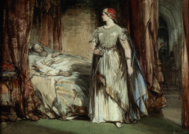 Lady Macbeth, George Cattermole, 1850. An elderly man lies prostrate in a bed shrouded with rust-coloured curtains. His is pale, and rendered in shades of beige and grey, almost blending into his bed clothes, At the foot of the bed, obscured from the man's view should he wake, a woman watches him. This is Lady Macbeth. She had red hair, held back by a cap of circlet of silver, and wears a gown of pewter and white, cut in an almost Grecian, draped style. The pewter layer cover the whole of her bodice, almost like armour, and is cinched by a metal belt at her waist, it flows down into a skirt, but is not full length. It comes only to mid-thigh in the centre, and falls in a diagonal V shape away, revealing the white underskirt beneath. Attached to the sleeves of the dress is a pale blue cape, which trails down to the floor. The dress has cap-sleeves, and Lady Macbeth's arms are bare beneath them. In each bare hand she holds a dagger. In the background of the image a male figure can be seen in a corridor beyond. The man seems to be looking into the room, but both figures, Lady Macbeth and the man in the bed, would be obscured from his view.