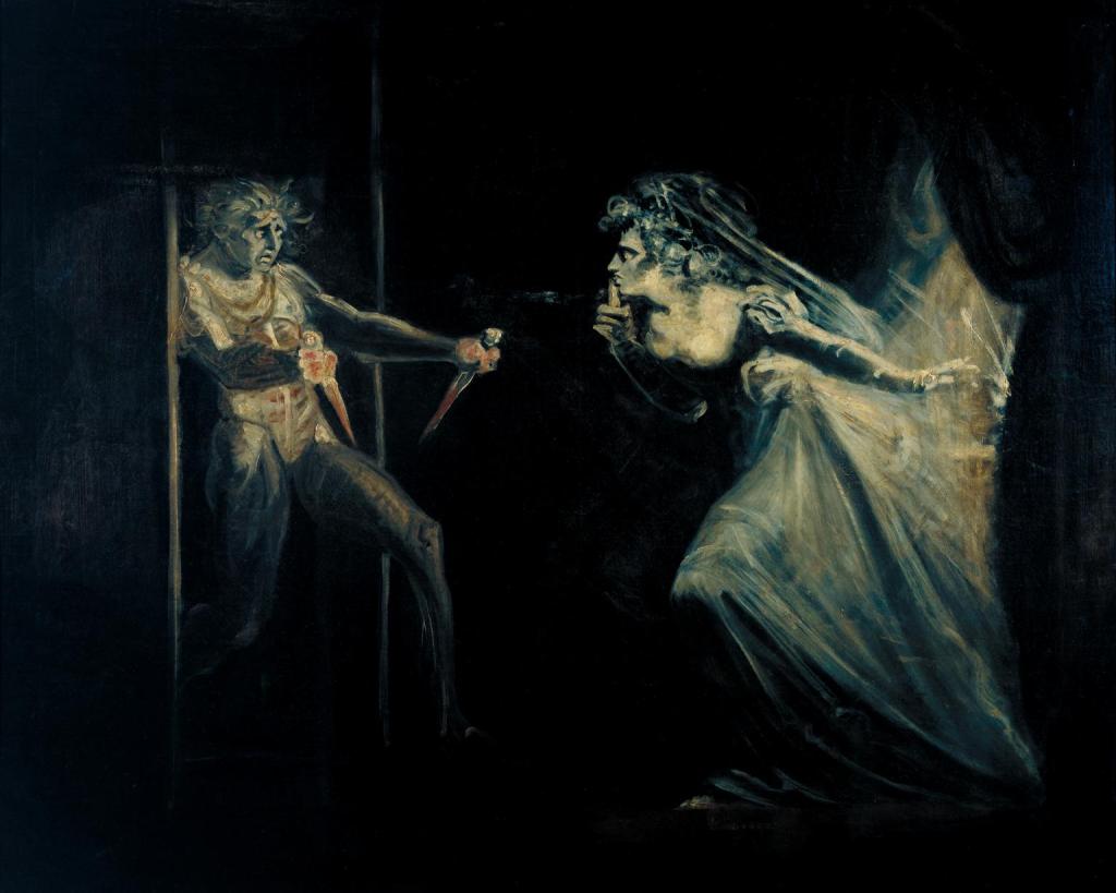 Lady Macbeth Seizing the Daggers, Henry Fuseli, exhibited 1812. On a dark background, two ghostly figures face off. One is the skeletal Macbeth. He looks deranged with fright and guilt, holding before him two daggers, both slightly bloodied. Hhis hair is a mess of grey about his face, and his arms and legs are muscled and bare. Glaring into his eyes, the figure of his wife. Her pose is dynamic and full of force. She seems to race towards him. Her hair, in contrast to his, is coiffed and pinned atop her head. Again, in contrast to her husband, her dress is long, sleeves cover her arms, it is diaphanous and billowing, so much so that it is impossible to tell where her veil, pinned into the back of her hair ends, and her skirts begin. Despite the amount of fabric, her movement makes the dress pool and drape about her waist and legs, and shadows frame her cleavage and highlight the sharp plains of her face. She raises a finger to her lips. The image is intense and Gothic, abstracted by shadows, but simultaneously understandable and clear.