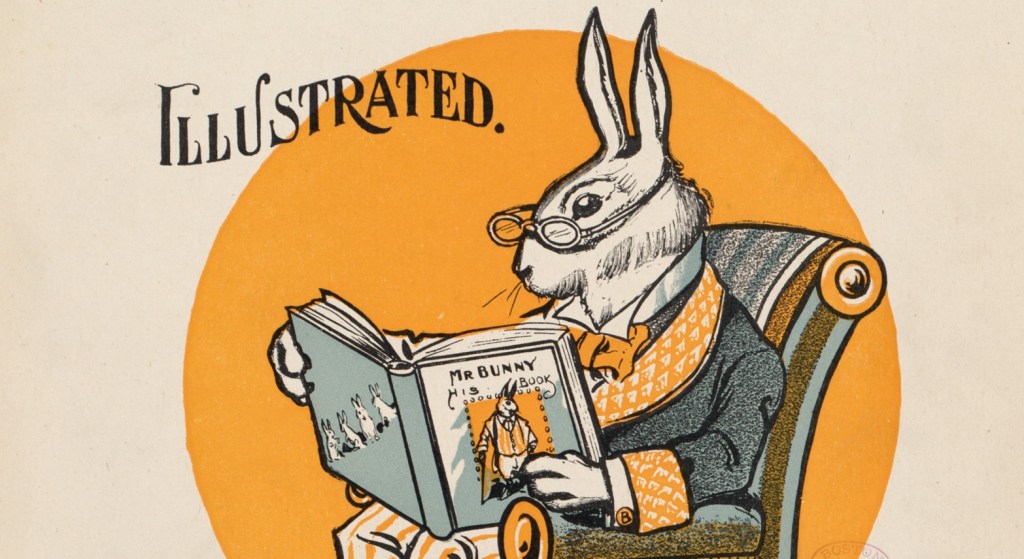 Cropped from Mr Bunny, his book by Adam L. Sutton. Illustrated.  A white rabbit in an elegant yellow and blue house coat, and yellow cravat, reads a book titled 'Mr Bunny' . He is sitting in a blue armchair, and wears a pair of oval glasses on his nose. The word 'Illustrated' floats beside him. The figure of the bunny is encapsulated by a mustard yellow circle.