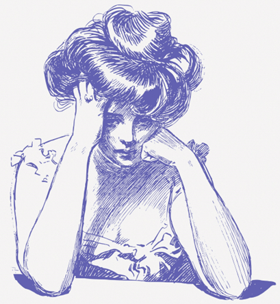 A blue pencil sketch of a woman. Her hair is in an Edwardian / 1900s Gibson Girl style bun. She props her face up with a fist against her cheek, the other hand sunk into her hair at the roots. She wears a corset cover, or vest, and looks sadly, resignedly, at the viewer.
