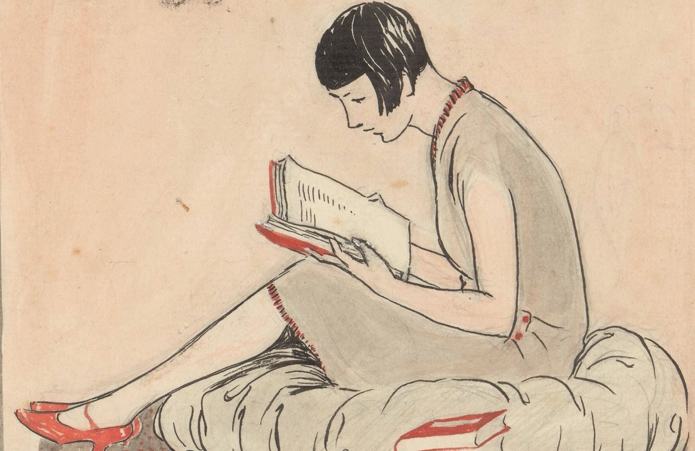 Image titled : Bandontwerp voor: Boekennieuws: uitgever L.J. Veen, c. 1930 (c. 1930). A 1920s styled woman, with sleek black bob reads a book with a red cover. The red and black are points of contrast in an otherwise grey / beige image.