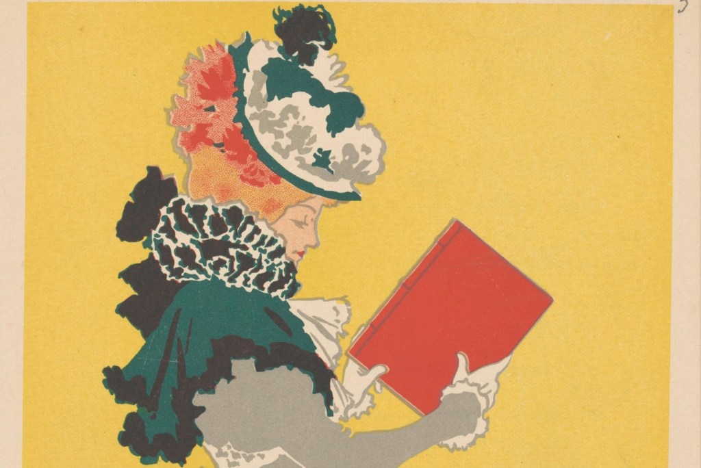 Image titled : Vrouw bekijkt de rug van een boek (in or before 1897) by anonymous, Joseph Henri Georges Meunier and Librairie E Flammarion et A Vaillant. A woman in Georgian style dress, with a curled hairstyle under a busy bonnet, looks at a red book in her hands. The image is vibrant, with a yellow background, and the woman's outfit is a mix of white, black, green, and red.