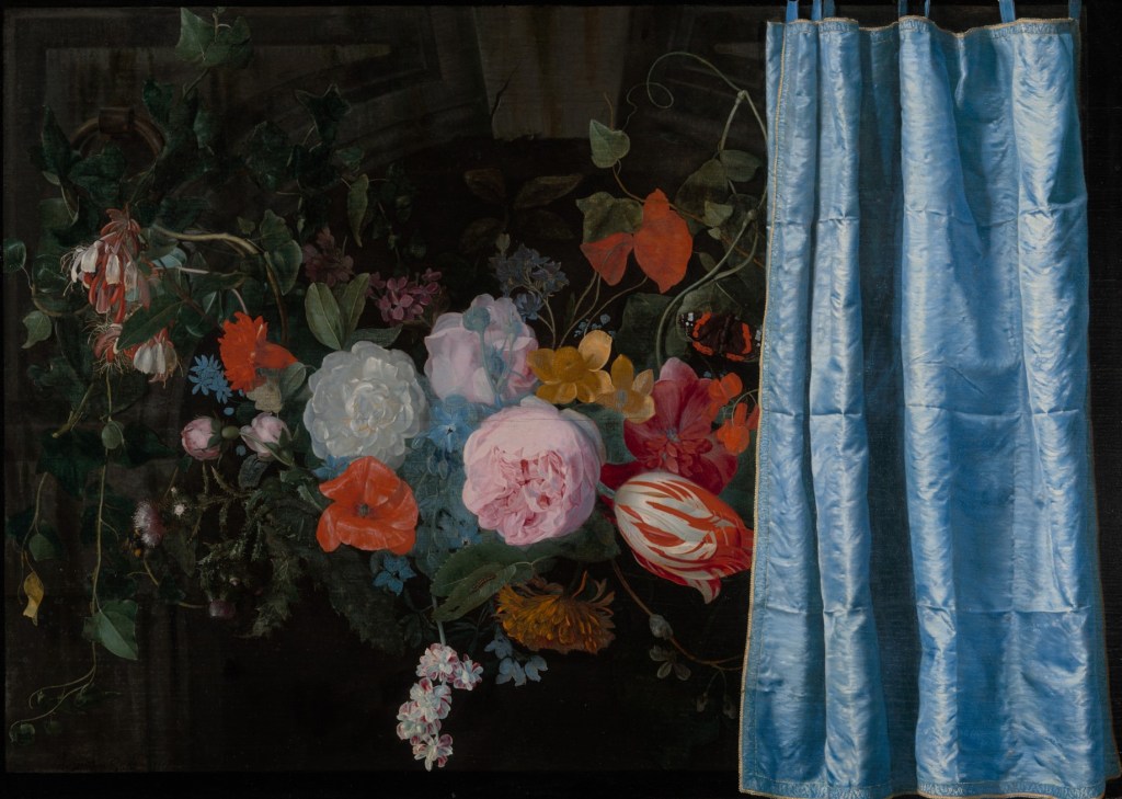 Trompe-l'Oeil Still Life with a Flower Garland and a Curtain by Adriaen van der Spelt. Original public domain image from Art Institute of Chicago.  A vase of vibrant pink, red, yellow, white, and orange flowers. A real mix, including peonies, tulips, poppies and indeterminate flowers. At the right of the image is a pale blue satin curtain, positioned as though it might be, at any time, pulled in front of the flowers to block them from the viewer.