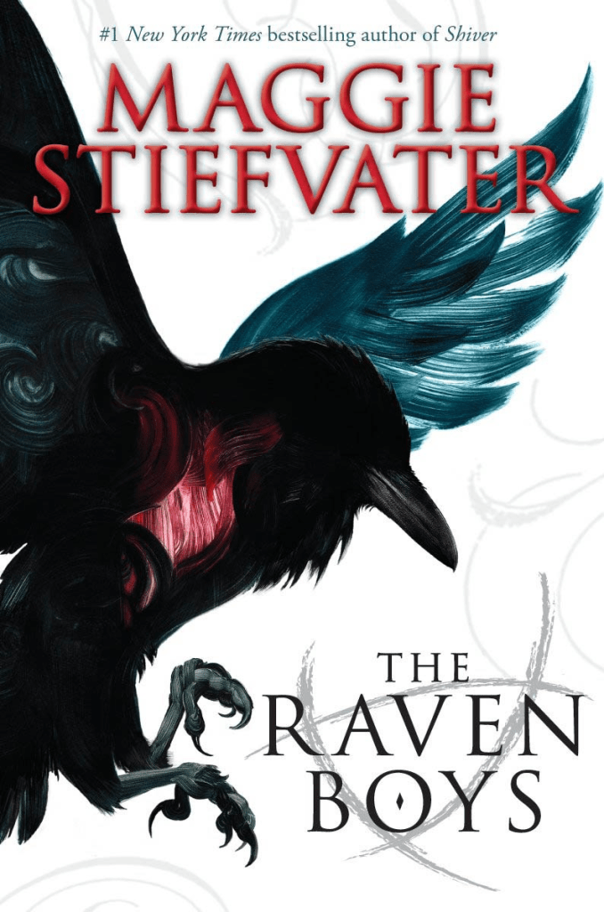 Cover image of The Raven Boys by Maggie Steifvater. A painted raven cover most of a grey bacground. The bird is rendered in swirling brush strokes, in shades of black, navy, and deep teal. At it's heart a flash of red and burgundy, as though the bird's beating heart can be viewed through its feathers. In the bottom right corner, over a rounded triangle of interesting lines, the title of the book [The Raven Boys] is written in a black sans serif font. The author's name [Maggie Steifvater] is written in large, red, serif font at the top of the book.