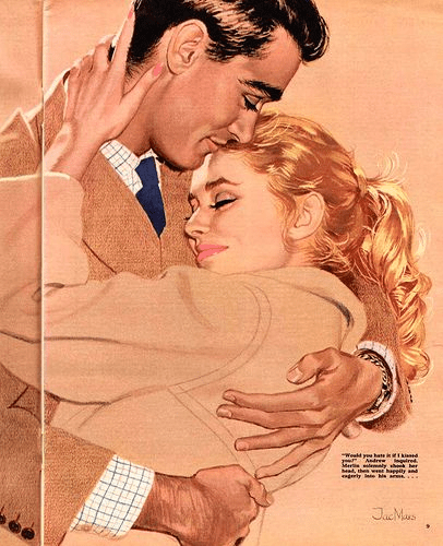 A vintage image. A woman in a camel coloured coat, her hair a silky, shiny bright blonde, smiles in the shoulder of a tall, broad, brown haired man. He also wears a camel coloured coat. Their embrace is loving, and both cradle the other close. The man smiles down at the women in his arms, with obvious adoration. Both members of the couple are very beautiful.